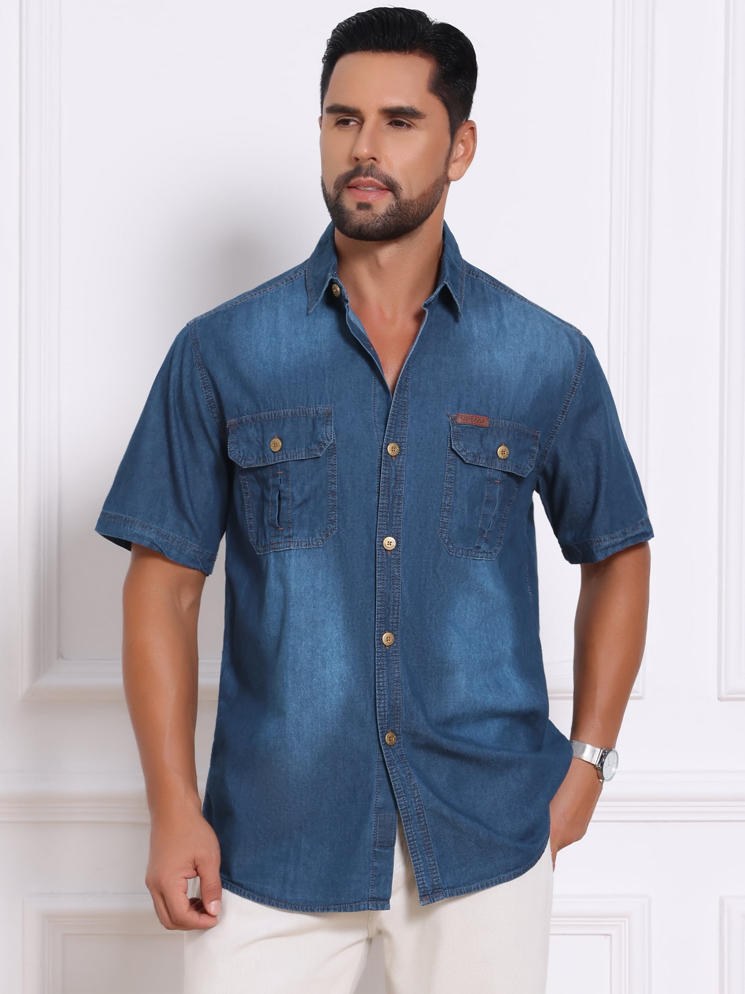 DARING DIVA Men's Denim Chest Pockets Western Retro Short Sleeve Shirts L Dark Blue