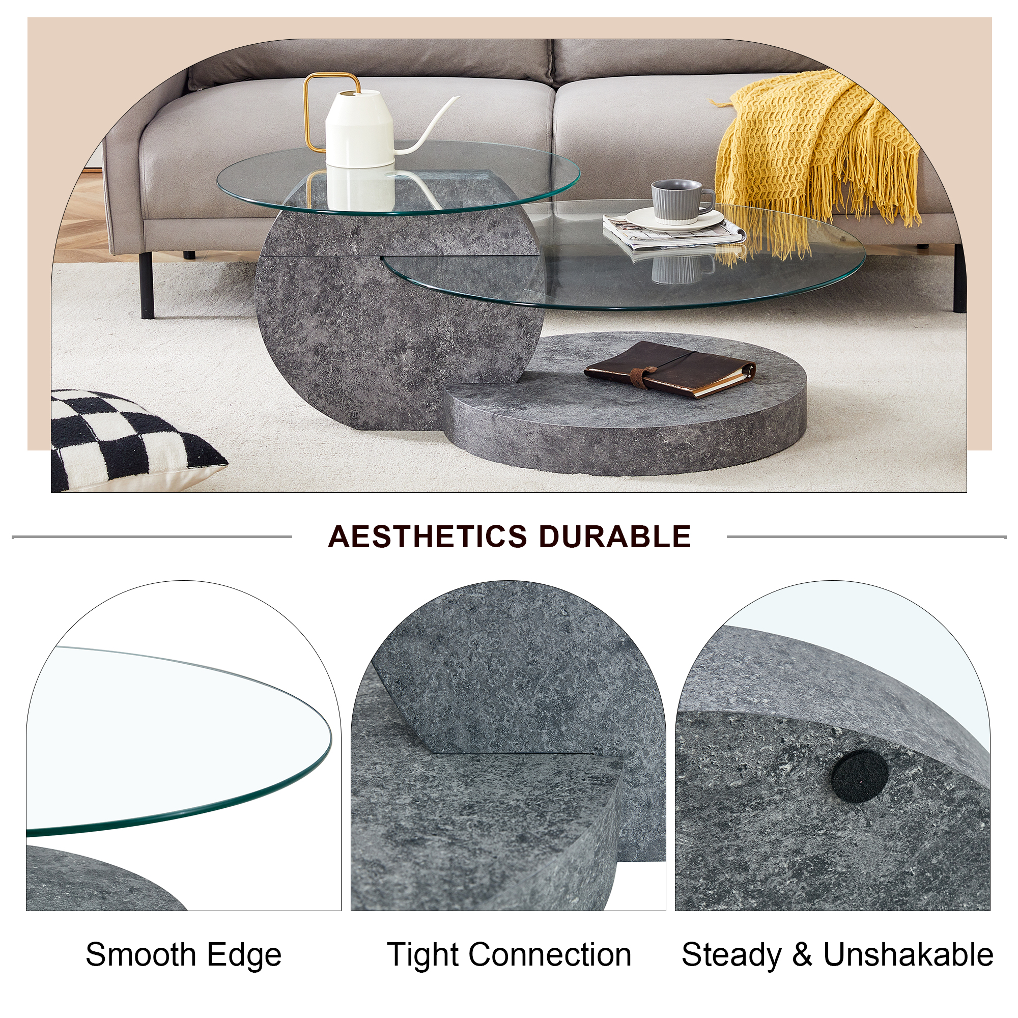 Vanress 42" Glass Coffee Table, Round Coffee Table, Modern Double Layer Round Glass Coffee Table for Living Room, Gray