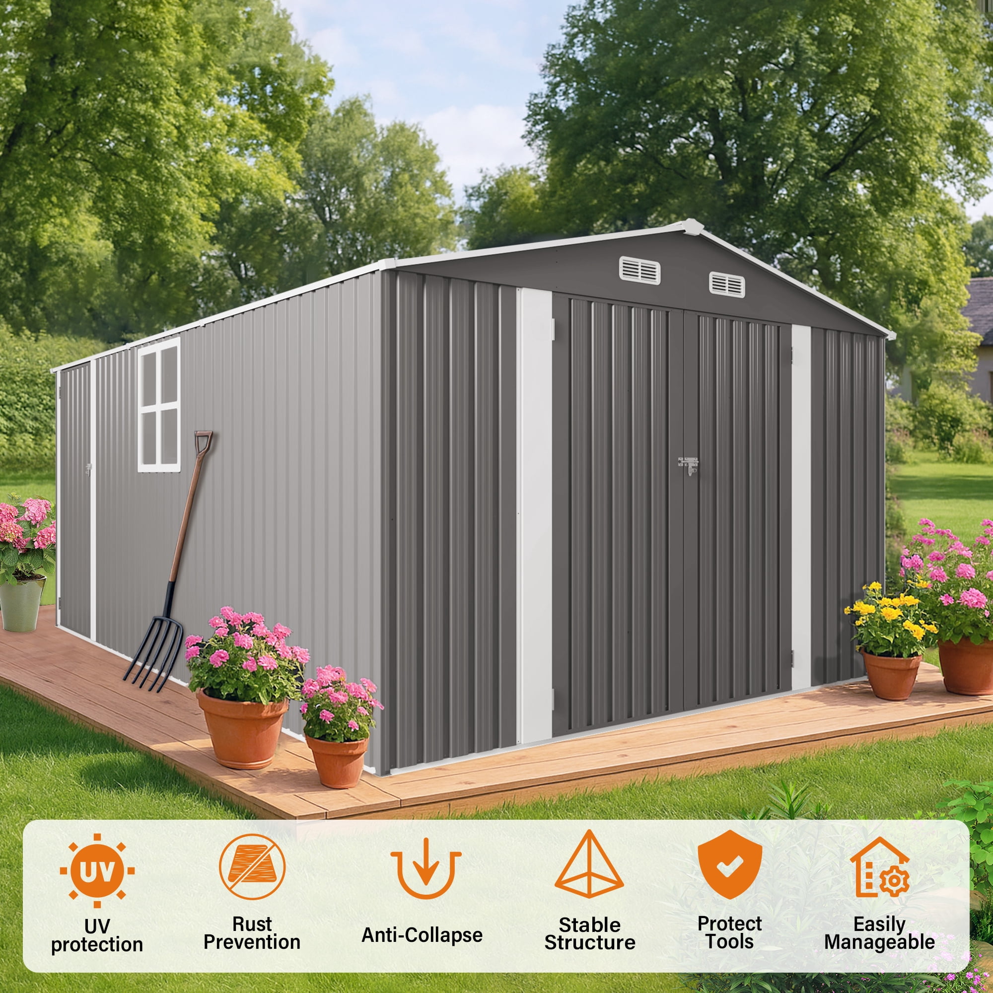 10x14 FT Outdoor Metal Storage Shed with 3 Lockable Doors & Window, Heavy-Duty All-Weather Garden Shed for Lawn Mowers, Bikes, Tools, Backyard, Patio, Grey
