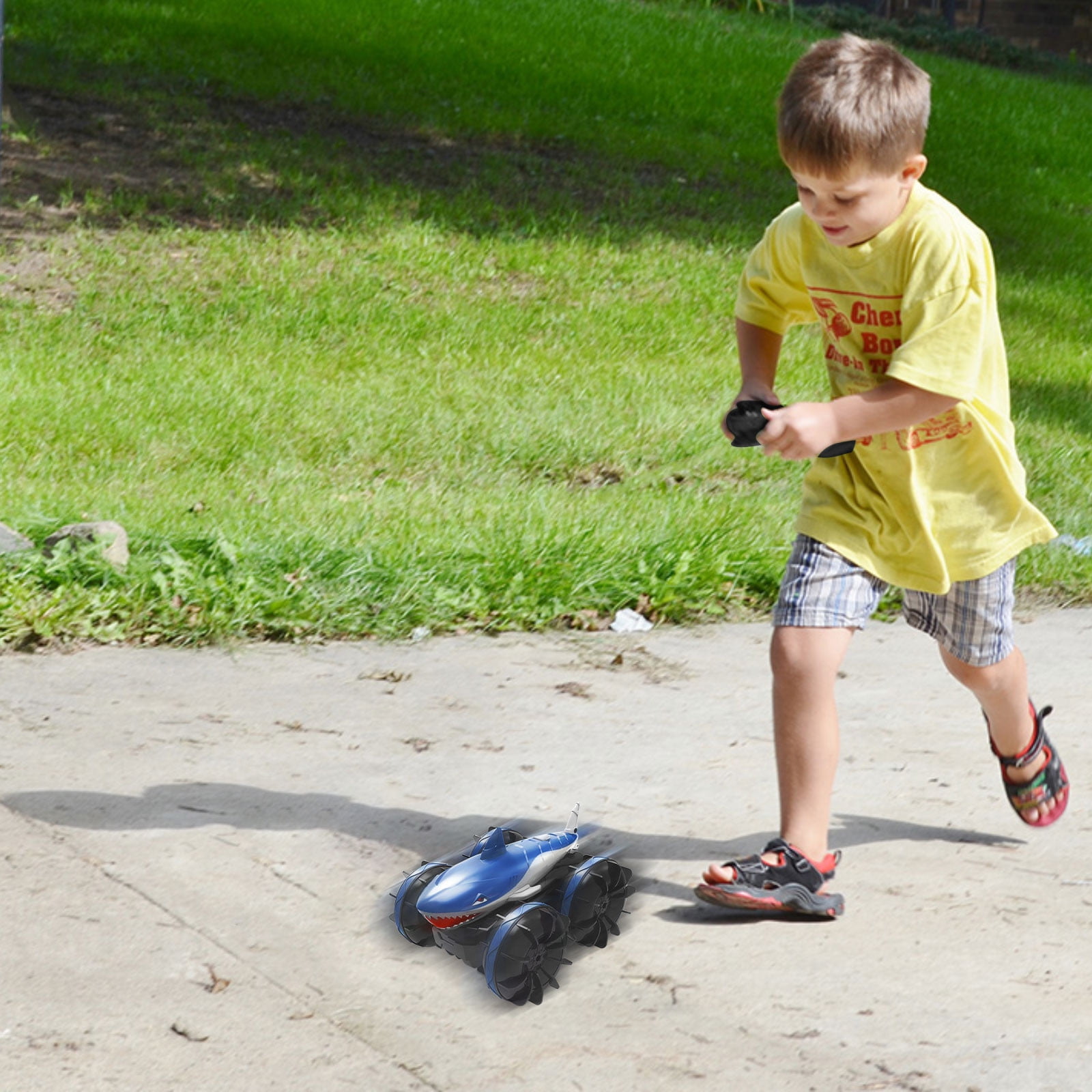 Blue Rc Stunt Car That Runs On Both Terrain And Water With Rechargeable Battery And Rubber Tires