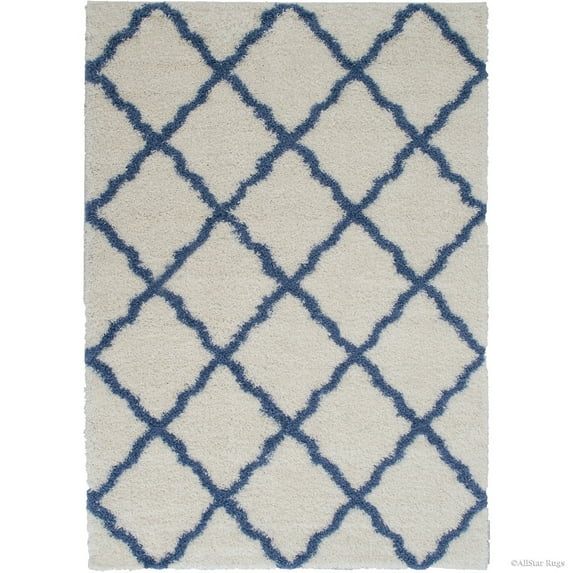 Allstar Modern Contemporary Ivory Blue High Pile Posh Shaggy Trellis Patterned Area Rug (5' 0" x 7' 0")