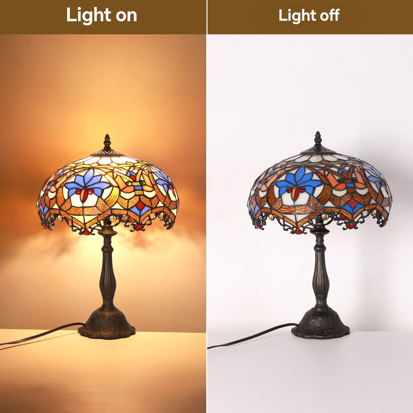 SUNMORY 18.5'' Stained Glass Tiffany Style Table Lamps, Bedroom Bedside Reading Desk Light for Living Office Dormitory Bar Retro Unique Cute Accent Decor Cottage Village Gift Nightstand Lamps