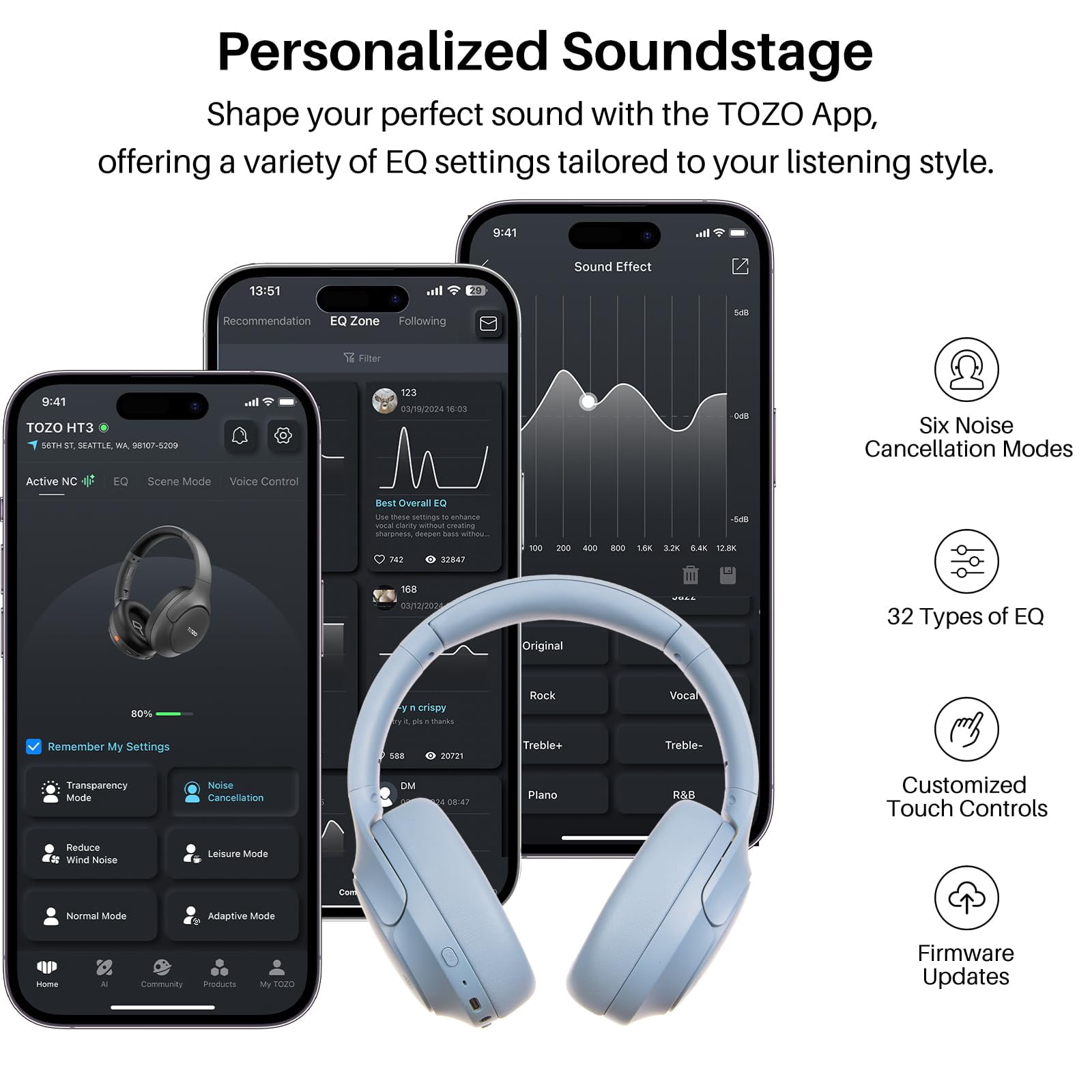 TOZO HT3 Wired/Wireless Over Ear Noise Cancel Headphone for Adults, ANC/ENC 5 Mics, 90H, Hi-Res Audio Headset, App-32EQ, Foldable/Adjustable Headband, AUX 3.5mm, Comfort Earcup for Home Sport, Blue