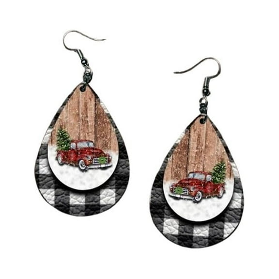 Little Red Truck Earrings Black and White Plaid