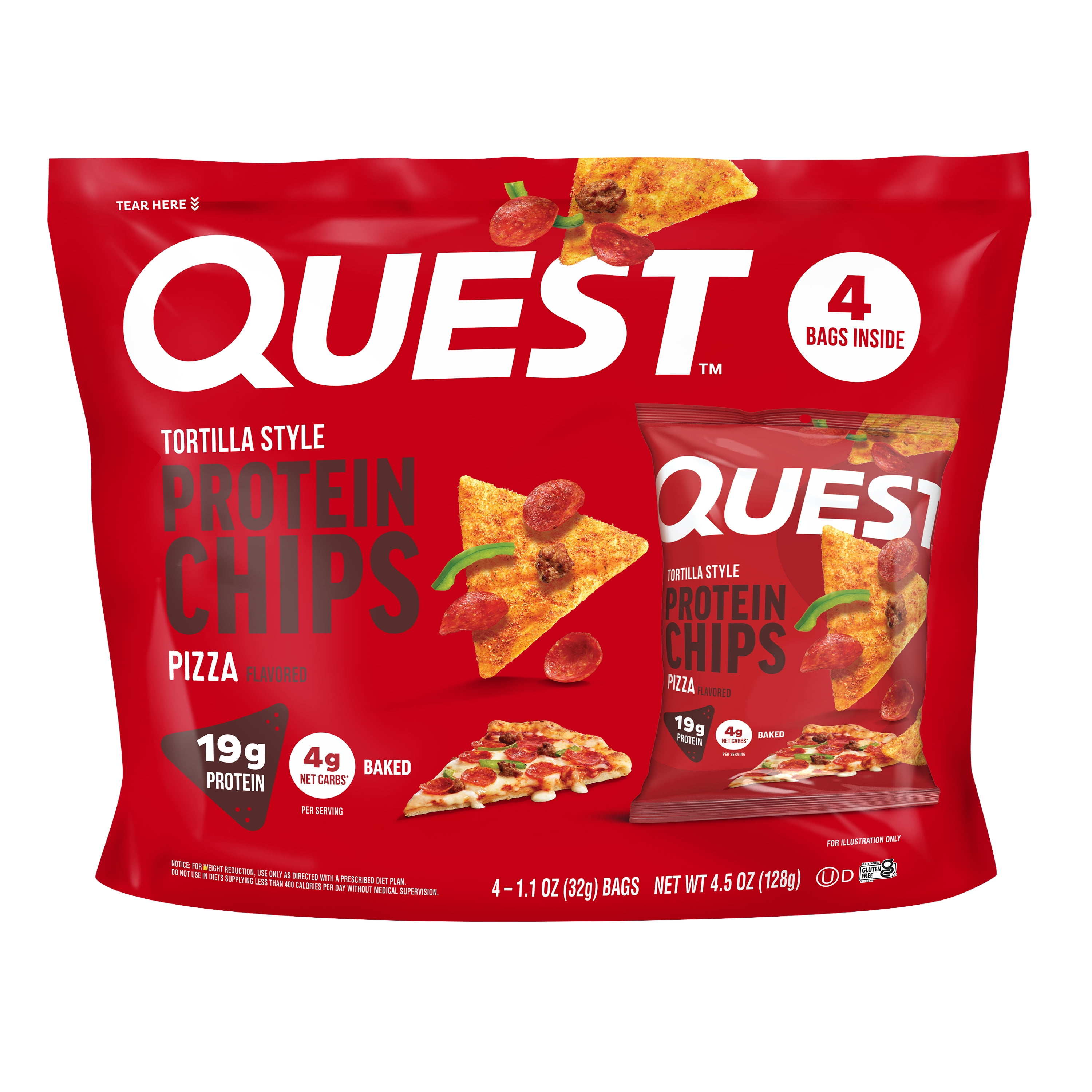 (8 pack) Quest Tortilla Style Protein Chips, 19g Protein, Baked, Pizza Flavor, 1.1oz Bags, 4 Count