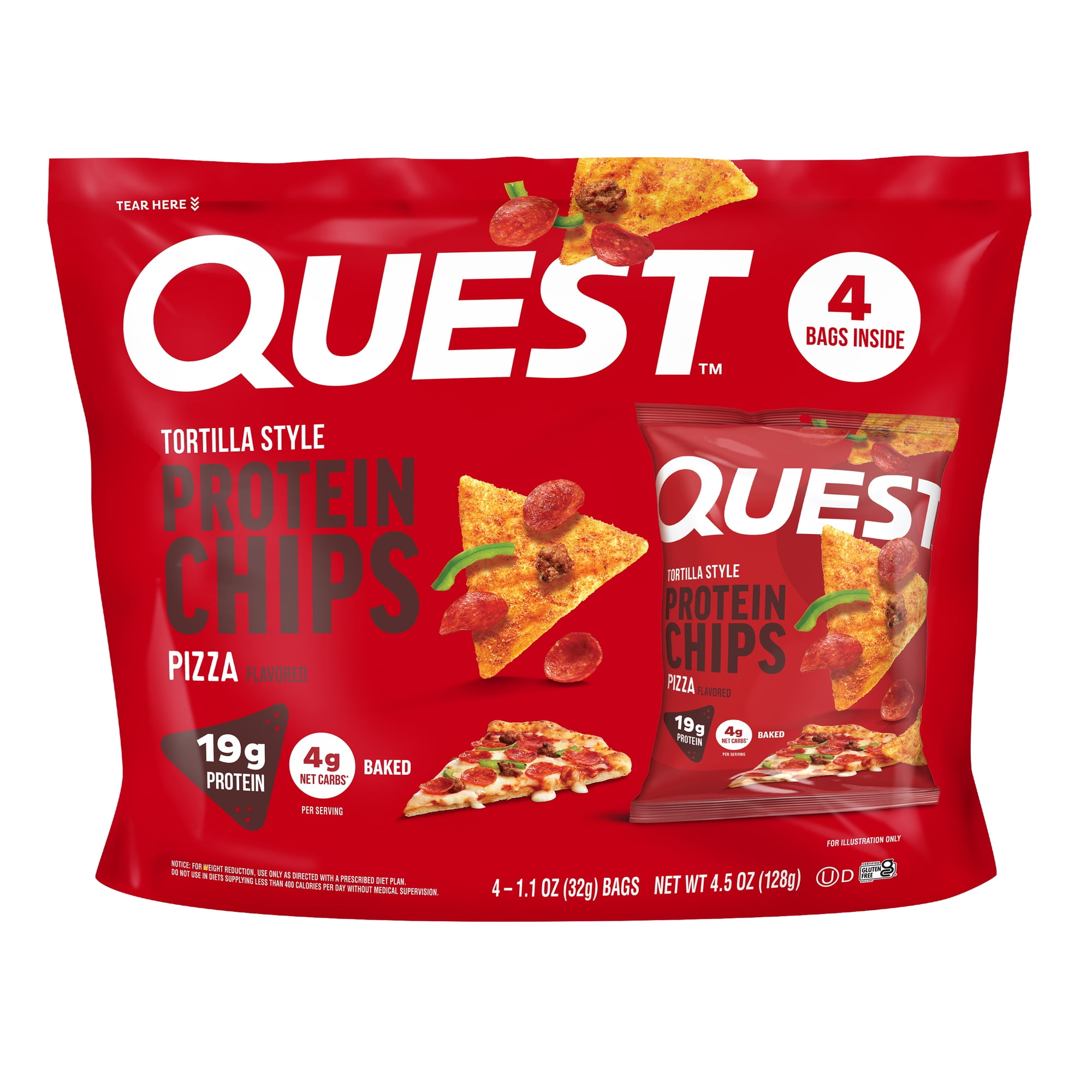 Quest Tortilla Style Protein Chips, 19g Protein, Baked, Pizza Flavor, 1.1oz Bags, 4 Count