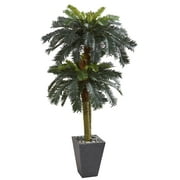 Nearly Natural 6' Double Sago Palm Artificial Tree in a Slate Finished Planter