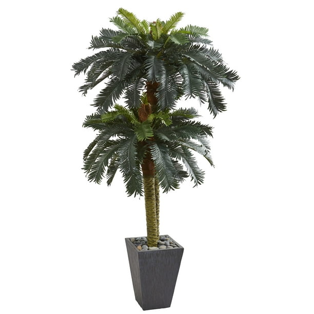 Nearly Natural 6ft. Double Sago Palm Artificial Tree Slate Finished Planter, Green