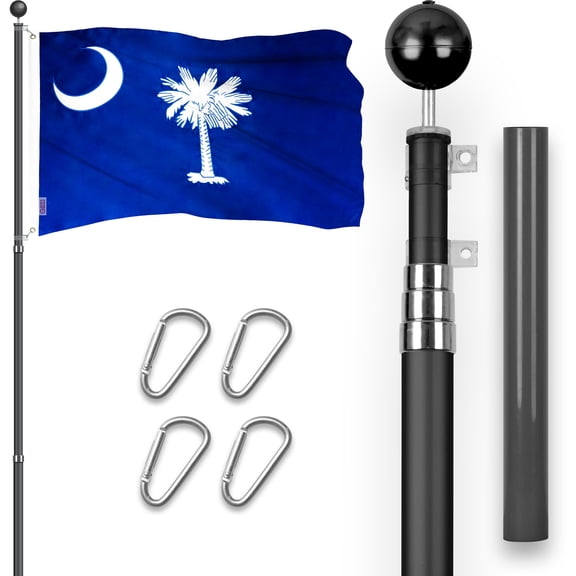 G128 Combo Pack: 16 Ft Telescoping Aluminum Flagpole (Black) & South Carolina SC State Flag 3x5 Ft, ToughWeave Series Embroidered 300D Polyester | Pole with Flag Included
