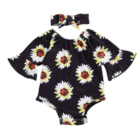 

Bmnmsl Baby Girl Bell Sleeve Sunflower Print Romper & Headband