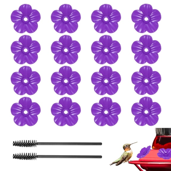 Uxcell 16-Pack Hummingbird Feeder Replacement Flowers, Plastic Hummingbird Feeding Parts with 2 Cleaning Brushes [Purple]