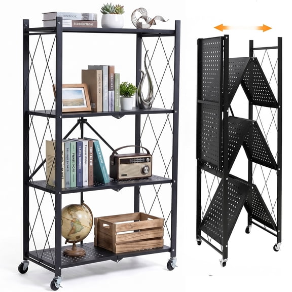 Behome 4 Tier Foldable Storage Shelves with Wheels, 28.1"x 13.4"x 50.2" Metal Shelving, No Assembly Storage Rack for Garage Kitchen, Basement, Pantry