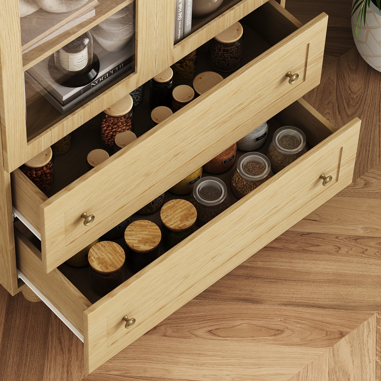 IDEALSOUL Arched Kitchen Pantry Cabinet, 71" Tall Wood Storage Cabinet with 2 Glass Doors, 4 Shelves and 2 Drawers, Food Cabinet for Kitchen, Living Room, Bedroom(Wood color)