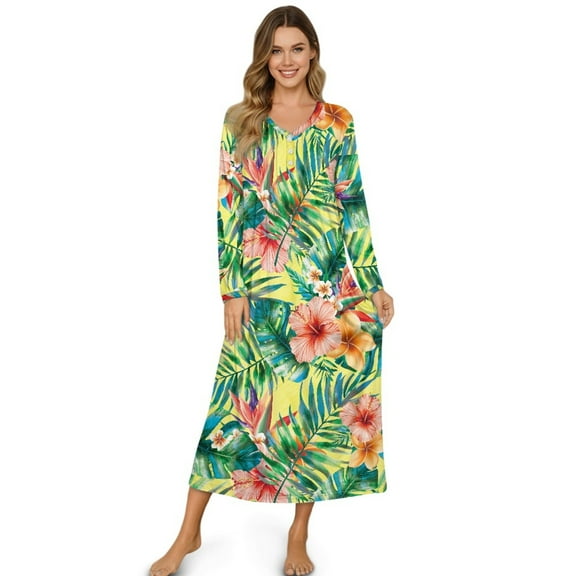 SEANATIVE Women's Cozy House Dress Long Sleeve Pajama Dress Soft Button Front Full-Length Nightgown, Sleep Shirt for Bedroom and Casual Lounge, S, Tropical Leaf Hibiscus Flower