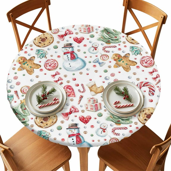Christmas Round Tablecloth Gingerbread Man Cookies Tablecloths with Elastic Edge Fitted Candy Cane Snowman Table Cover,Waterproof Oil Proof for Dinner,Outdoor, Picnic, Party Fits 55"- 60" Diameter