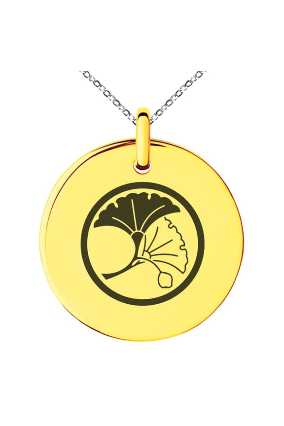 Stainless Steel Yin Yang Ginkgo Leaves Kamon Crest Engraved Small Medallion Circle Charm Pendant Necklace