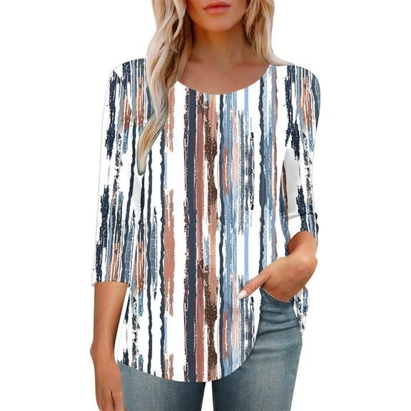 Ruimatai Women's 3/4 Sleeve Pleated Tunic Top Casual Round Neck Printed Blouse Fashion Loose Fit Comfortable Stretch Polyester