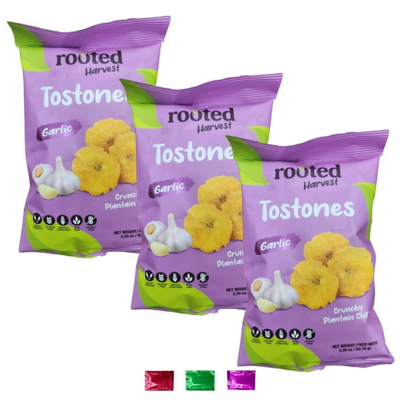 Rooted Harvest Tostones Garlic Crunchy Plantain Chips 2.25 Oz 3 Pack, Vegan Friendly Gluten Free Non-GMO Snacks, School Lunchbox Picnic On the Go Snacking Party w/ Snoep in Beperkte Oplage