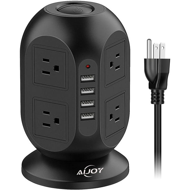 Aijoy Tower Power Bars With Surge Protector Extension Cord 10 Ft With 8 Ac Outlets 4 Usb Ports Fast Charging Tower