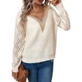 thumbnail image 4 of NFTOEIULA Women Guipure Lace Panel V Neck Long Sleeve Pointelle Knit Sweater, 4 of 7