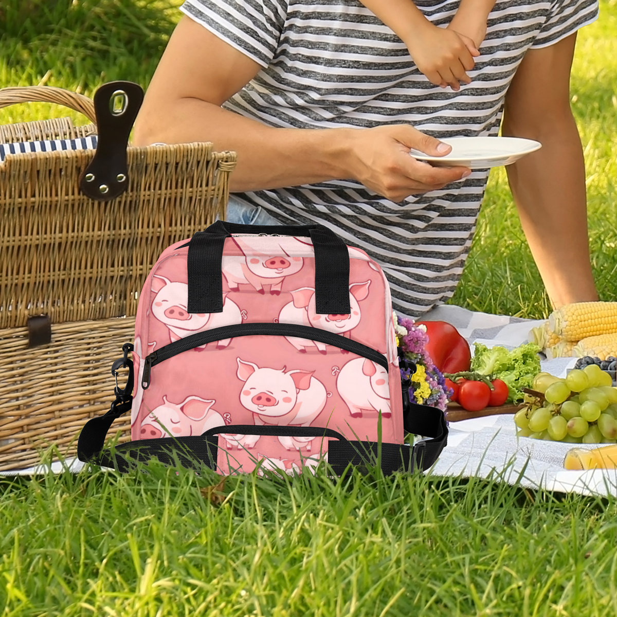 Herdesigns Pink Pig Insulated Lunch Bag for Women Men Adults Large Reusable Lunch Box Leakproof Portable Cooler Tote Bags with Adjustable Shoulder Strap