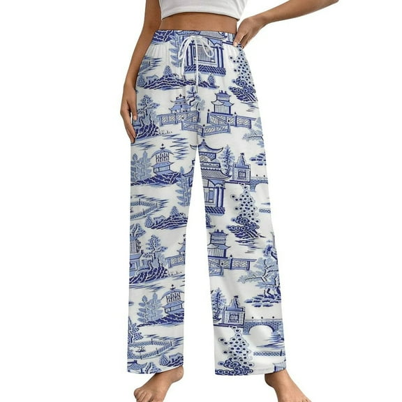 Blue Willow Ceramic Background Texture Pajama Pants Breathable with Pockets Pajamas For Lady Vintage Sleeping Pants Bedroom Homewear