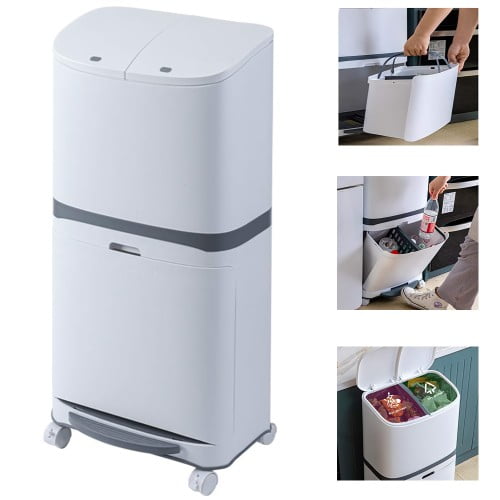 40L Double Layer Trash Bin with Step-Pedal & Rolling Wheels – Multi-Compartment Sorting Bin for Home, Kitchen, & Recycling
