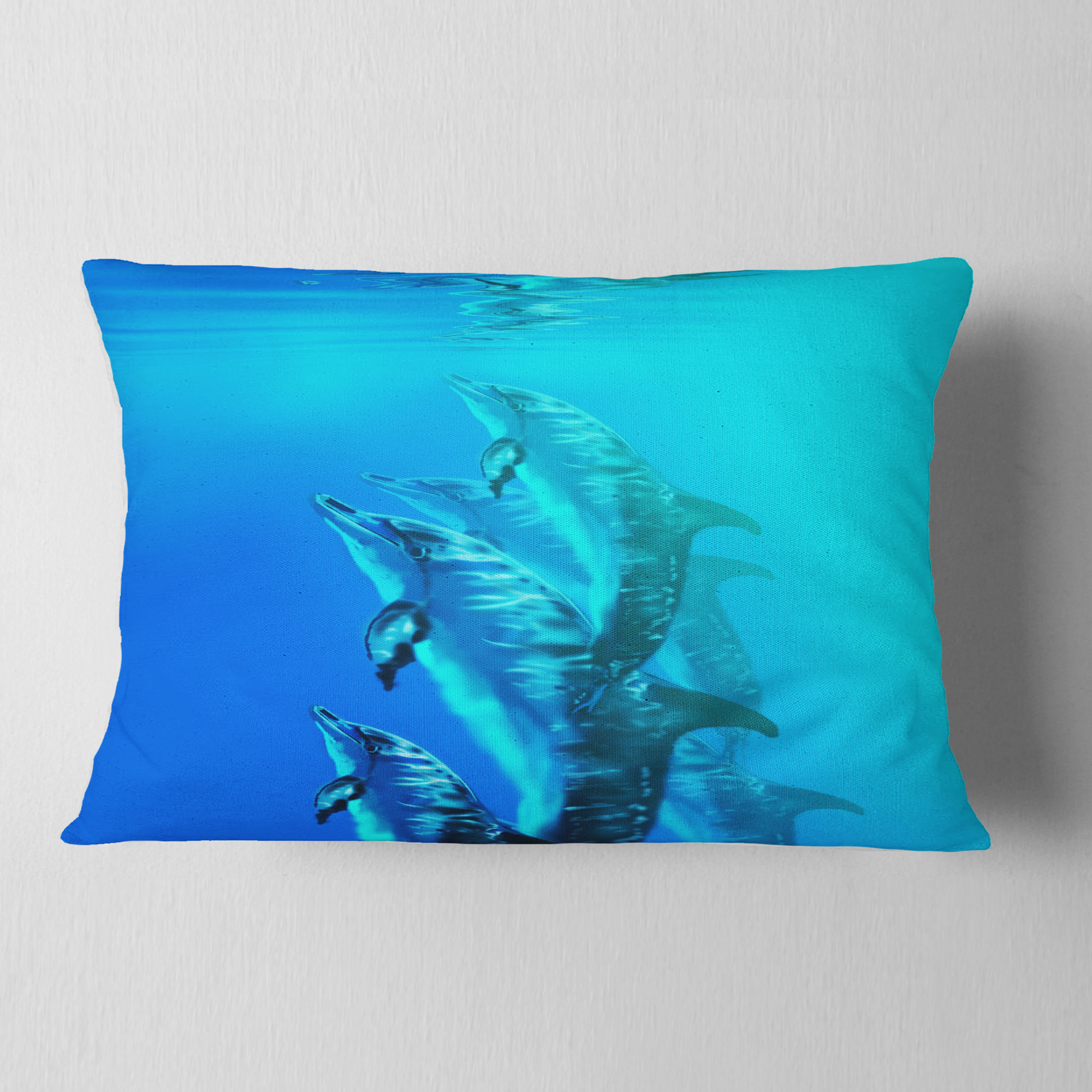 Designart Dolphin in Blue Sea - Seascape Throw Pillow - 12x20