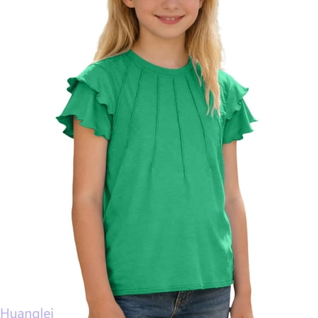 Huanglei Girls Casual Top With Ruffle Hem And Pull String Detail Pure Color Short Sleeve Tee For Everyday Wear Kids T-shirts Clothes 5-6 Years Green