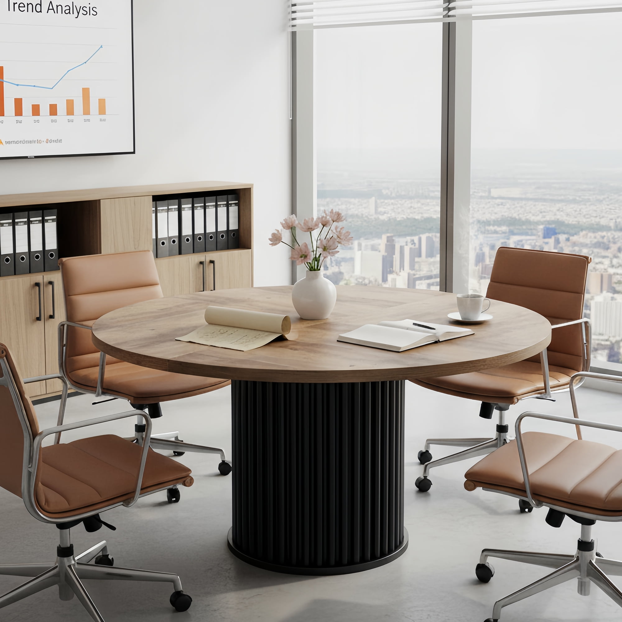 47-Inch Round Conference Table, 4-6 Person Space-Saving Meeting Table with Sturdy E1-Grade MDF Top & Metal Base, Perfect for Small Office, Conference Room, Brown + Black