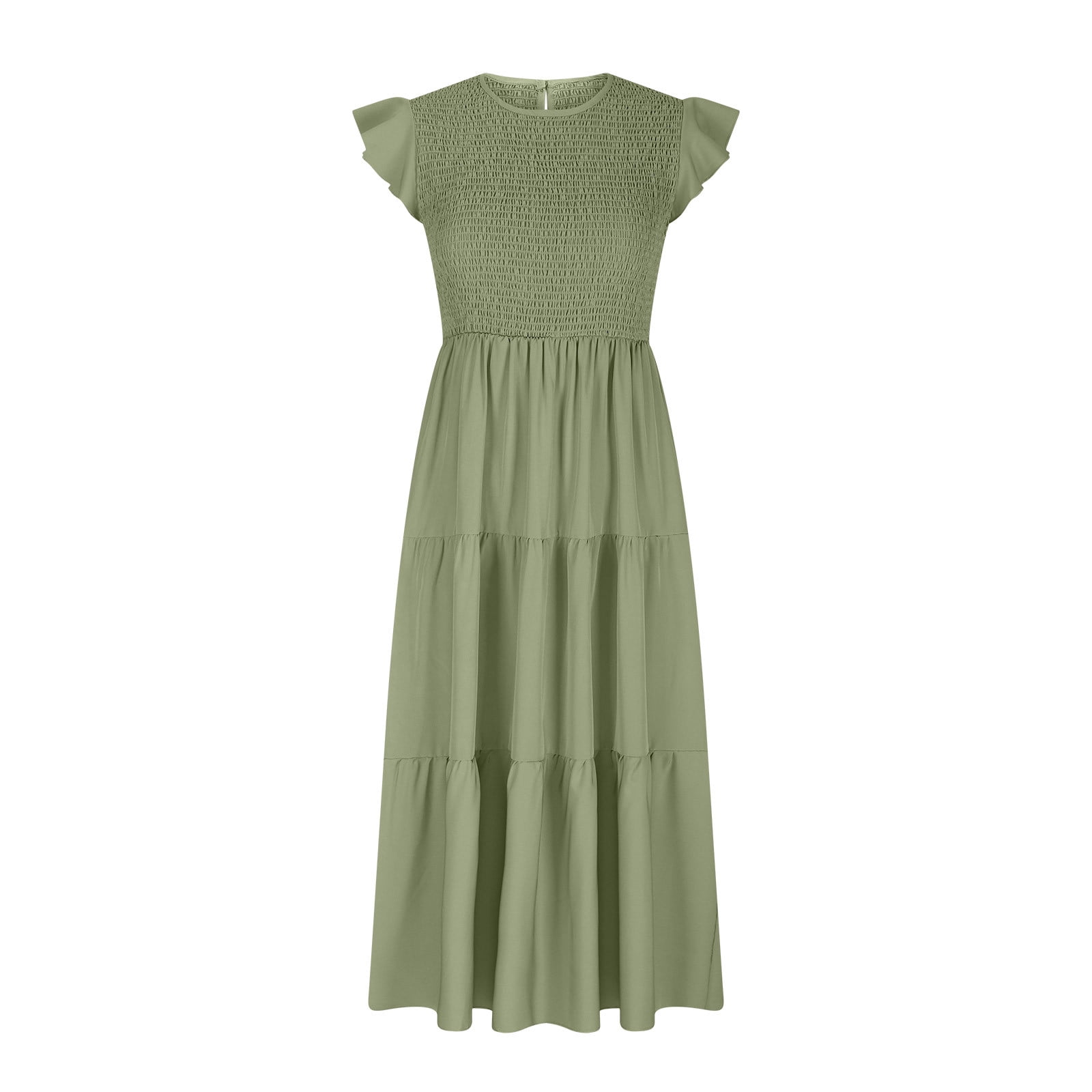 Hueook Womens Dresses Women's Bohemian Short Sleeve Long Beach Sun Dresses Solid Maxi Dress Green S