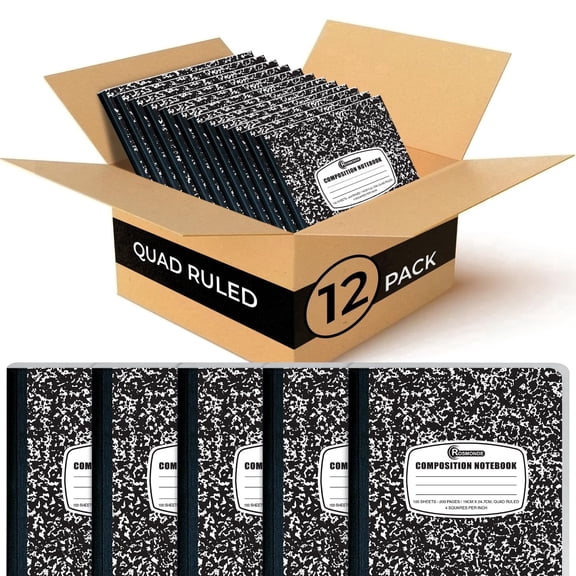 Rosmonde Graph Composition Notebooks 12 Pack, 200 Pages (100 Sheets), 4x4 Quad Ruled Grid, 9.75 x 7.5 in, Black Marble Hard Cover, Bulk Graph Notebooks for School & Math Use