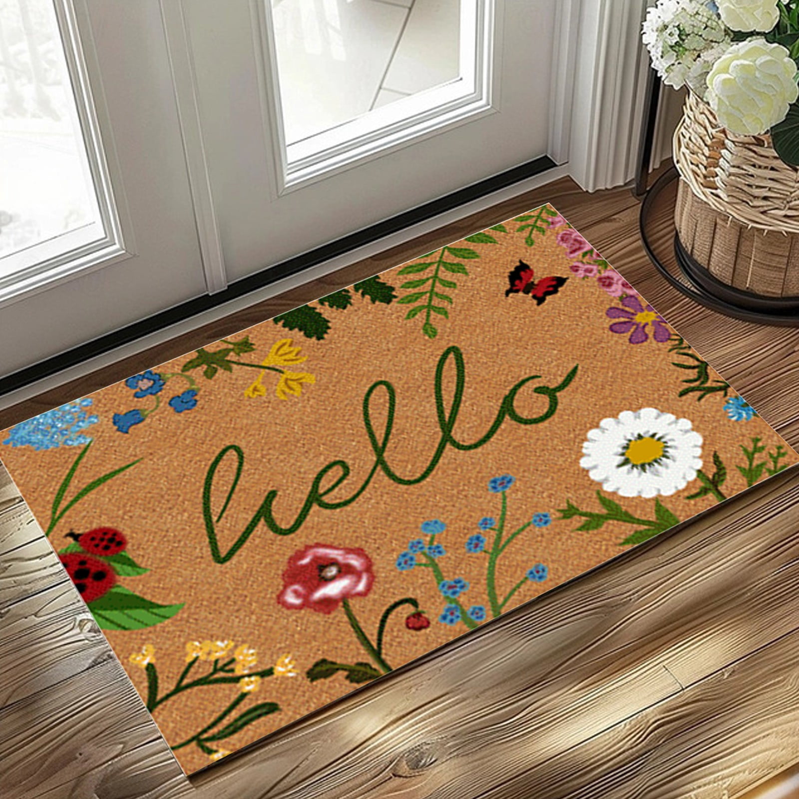 C Spring Floral Welcome Outdoor Mat Artificial Coir Grip Backing Sturdy Outdoor Indoor Mats Welcome Floral Doormat for Front Door 31.49X19.68 Inches