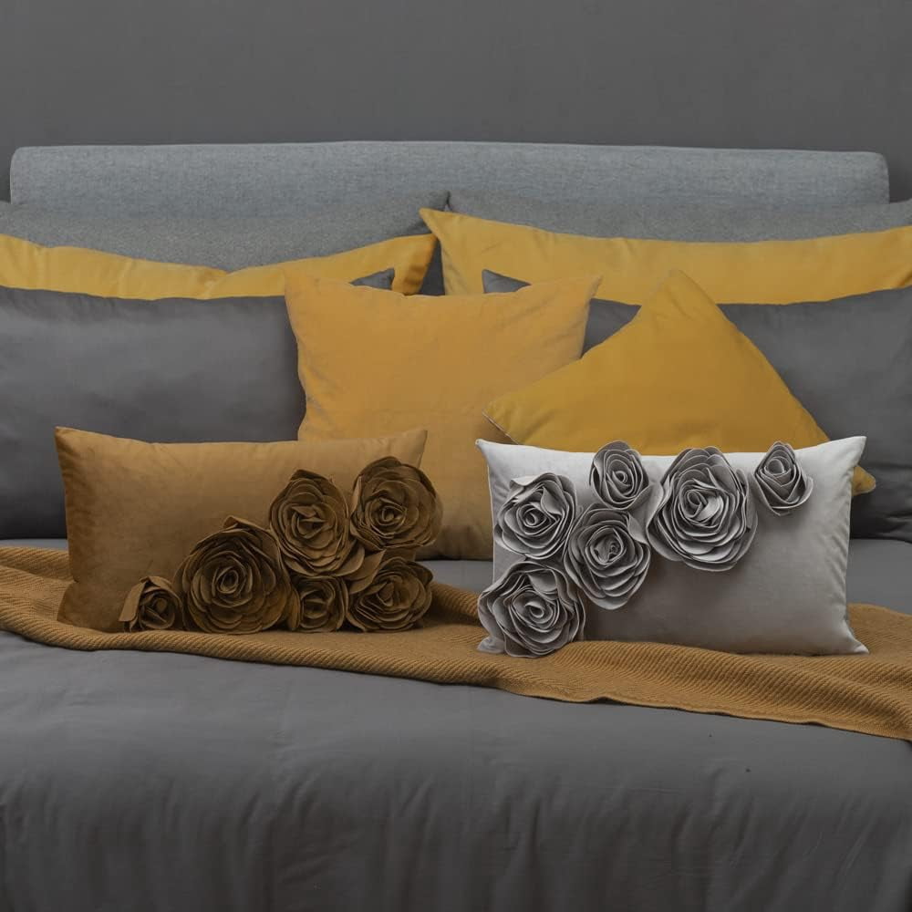 JWH 3D Decorative Soft Gey Velvet Rose Design Throw Pillow Covers for Bed Sofa Chair Decor 12x20inch Gray