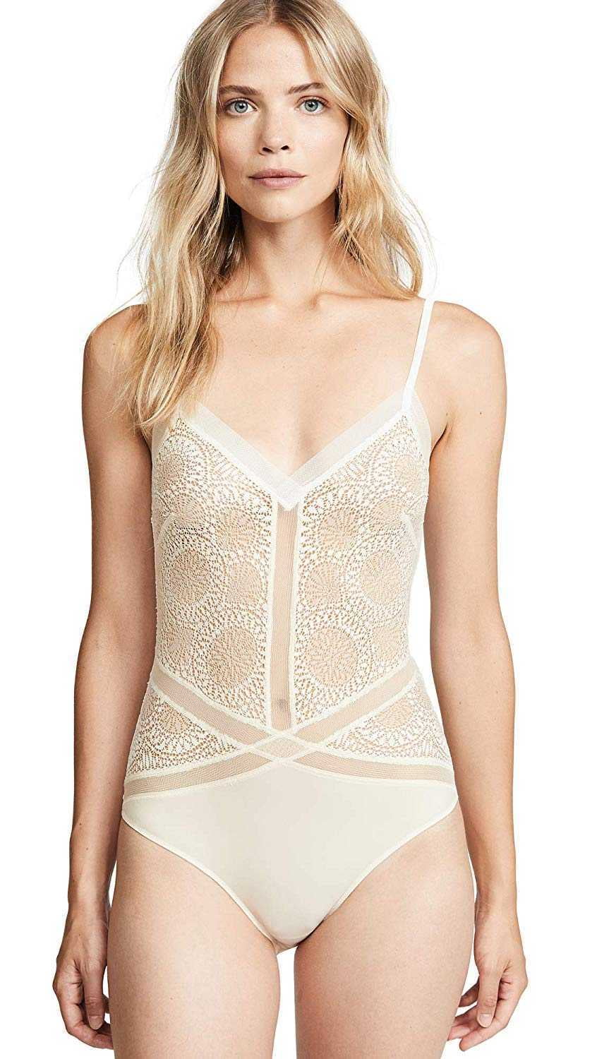 Calvin Klein Ck Black Endless Sheer Lace Bodysuit Ivory S