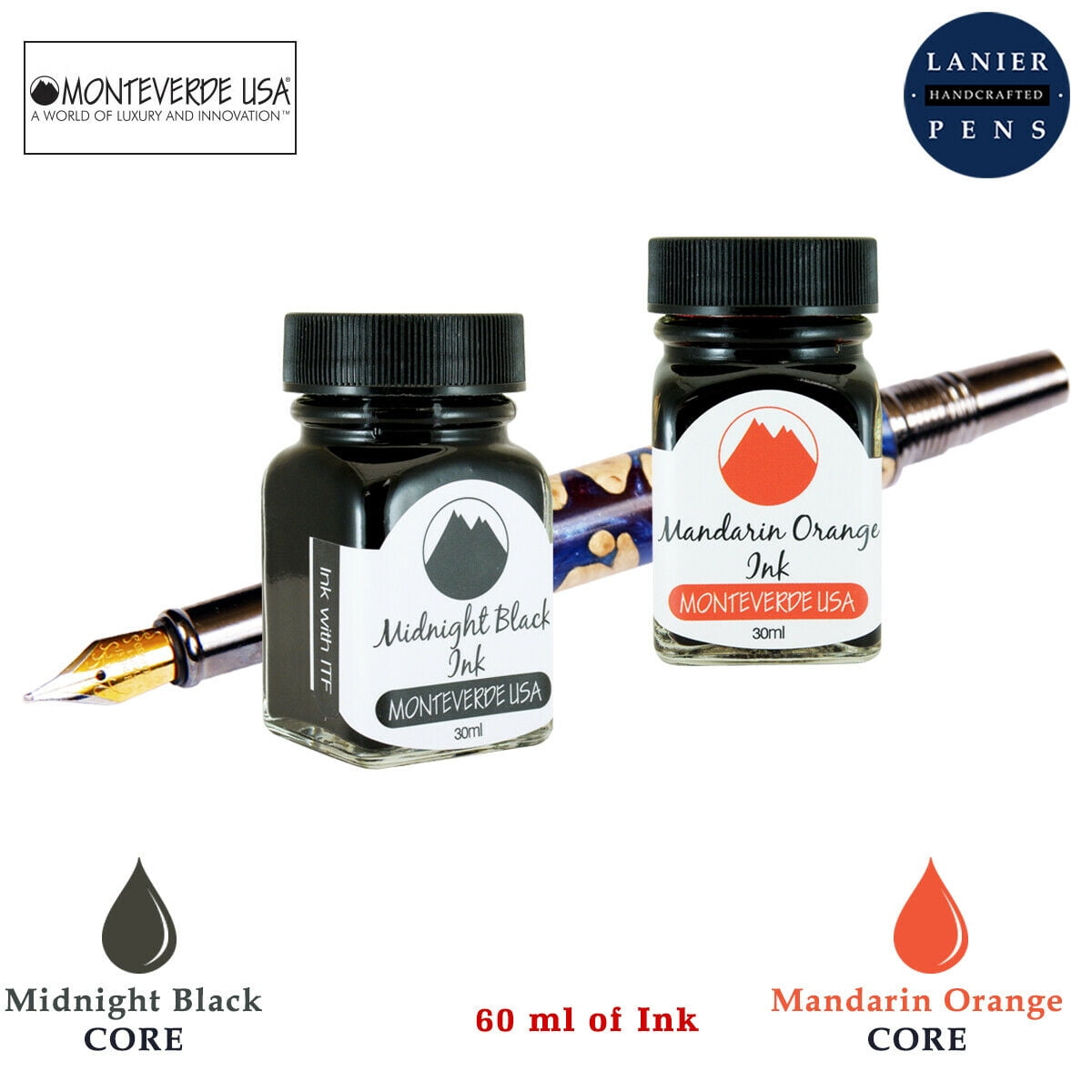 Monteverde 60ml Core Fountain Pen Ink Bottle (30ml Midnight Black Ink Bottle G309MB, 30ml Mandarin Orange Ink Bottle G309MO)