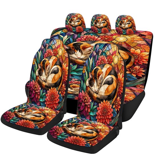 Taplevy Stained Glass Calico Cat Dahlia Car Seat Covers 5 Piece Full Set Made of Mesh Fabric Universal Fit Protectors for Sedans SUVs Pickup Trucks and Vans, Colorful Vehicle Interior Accessories