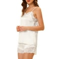 thumbnail image 4 of INSPIRE CHIC Women's Satin Pajama Sets Lace Trim Cami Tops with Shorts 2 Pcs Silky Lounge Sets S White, 4 of 6