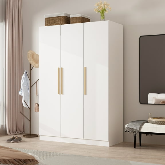 KULAGAGA 3 Door Wardrobe Closet, Large Armoire Storage Cabinet with Hanging Rods for Bedroom, White