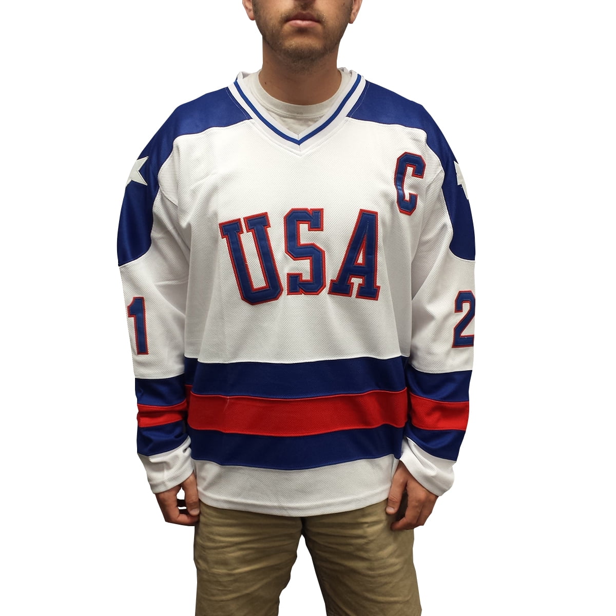 Mike Eruzione 21 USA White Hockey Jersey with Patch — BORIZ
