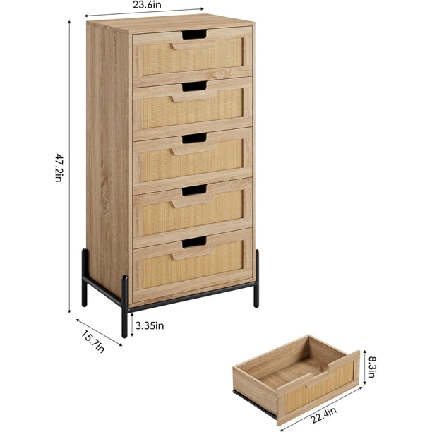 5 cajón oak rattan cómoda: estilo rural-style de madera chest con metal legs para dormitorio & entrada almacenamiento