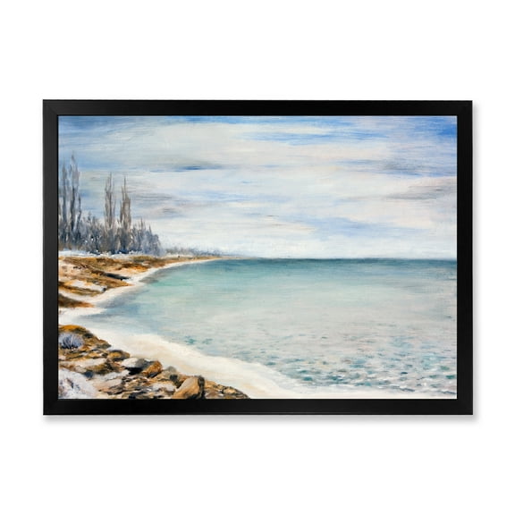 Designart 'Beach Is Covered With Ice' Nautical & Coastal Framed Art Print