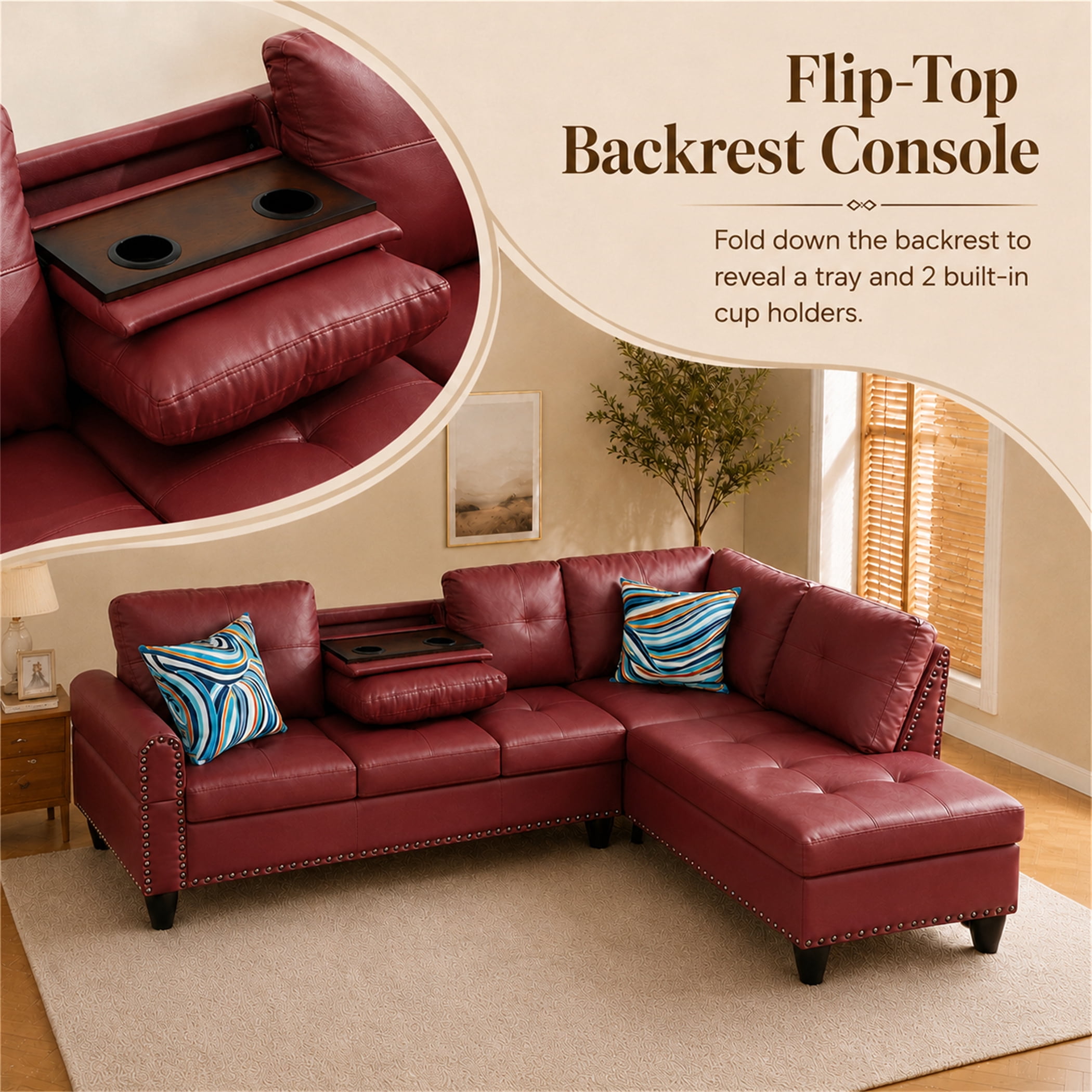 Aukfa 98" L Shaped Sectional Couch with Cup Holder Console, Tufted Back&Nailhead Trim, Oversized Right Chaise Leather Sofa for Living Room, Red