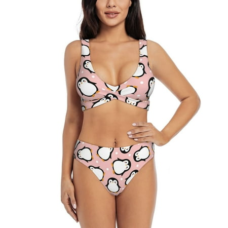 Zeuib Cute Penguin High Waisted Tummy Control Bikini Set - Knot Front Push Up Top & Cheeky Thong Bottom  Two-Piece Swimsuit for Women-Large