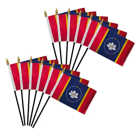 12 pc Mississippi (Magnolia) State Stick Flags, 4x6 Inch Mini Stick Flags for Parades, Classrooms, Patriotic Events & Outdoor Décor