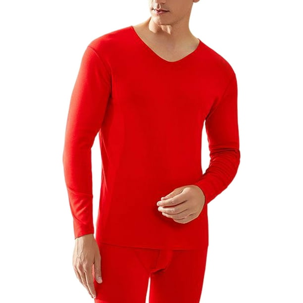 MAWCLOS Men Warm Solid Color Long Johns Set Winter Sleeve Tops And