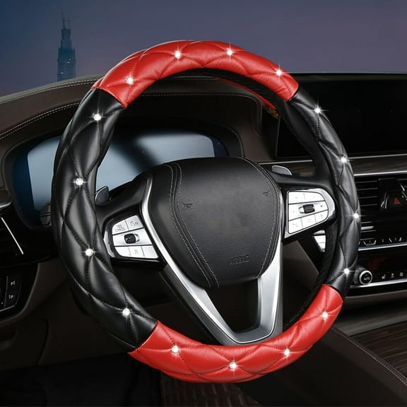15 Inches Non-Slip Diamond Steering Wheel Cover Bling Bling PU Leather Universal Car Steering Wheel Cover for Women with Diamond Crystal Women Car Interior