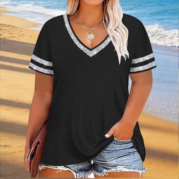 LVHAOGJOB Tops for Women Summer Plus Size Shirts Crew Neck Black Daily Floral Ladies Blouse