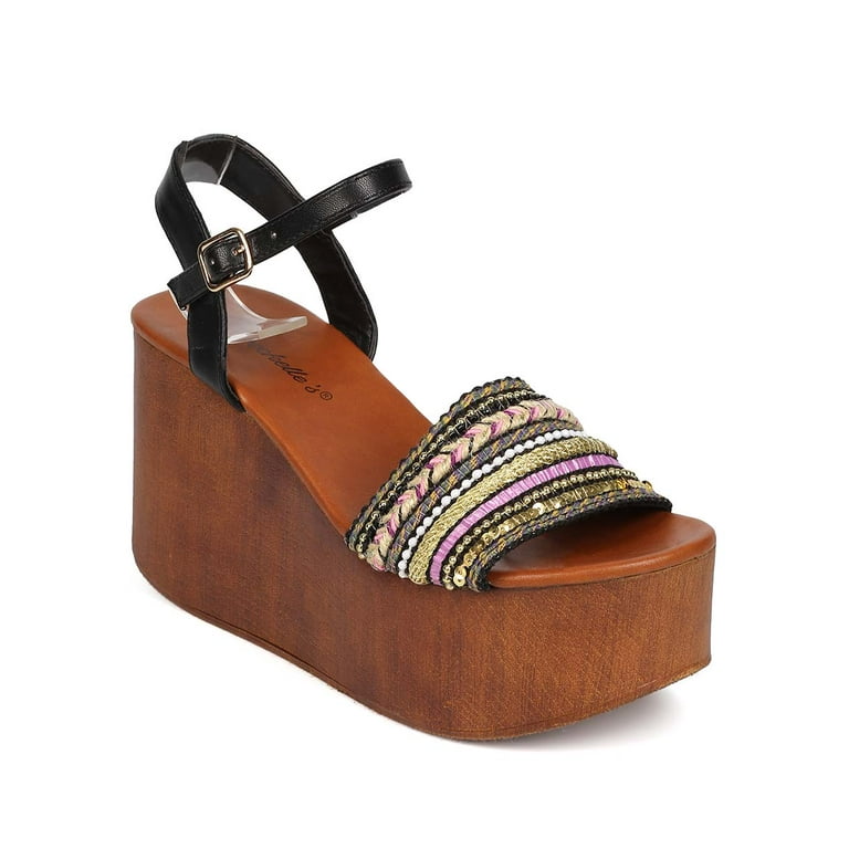 Breckelles EH31 Women Mixed Media Open Toe Boho Wooden Platform Wedge Sandal Walmart