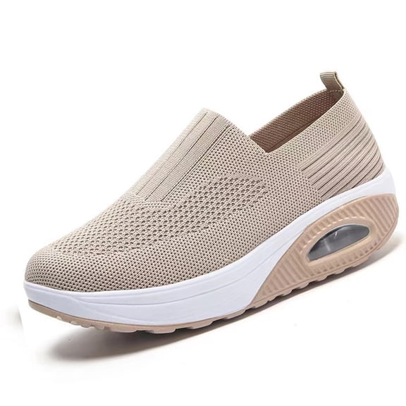 IAJDKMEK Cushion Breathable Knit Sneakers for Women - Thick Sole Slip On Shoes Women Casual Lightweight Soft Bottom Womens Casual Shoes Daily,Beige 150